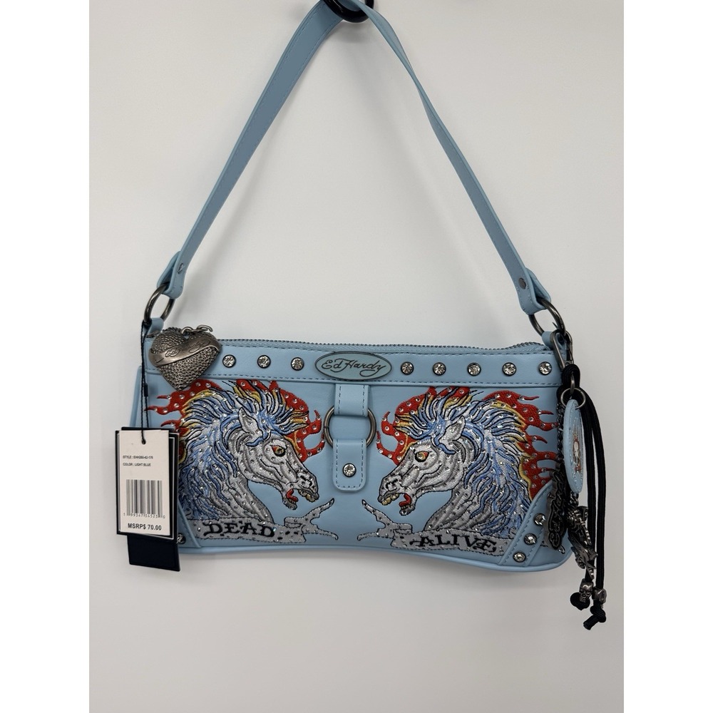 Ed Hardy Light Blue Faux Leather Embroidered Horse Rhinestone Shoulder Bag